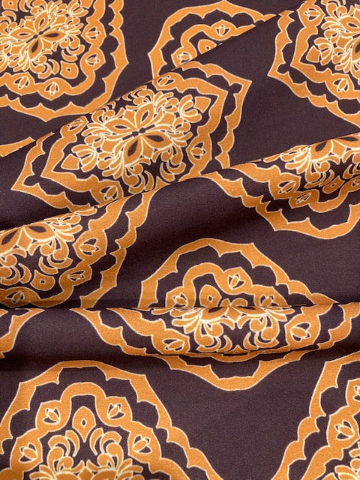 Gold Geometric on Chestnut Crepe – 100% Polyester, 145 cm Wide