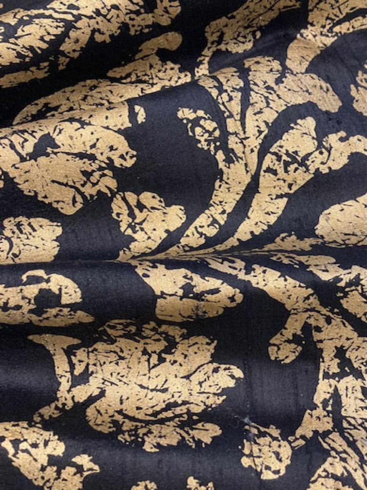 Gold Print on Black Silk Dupion Fabric