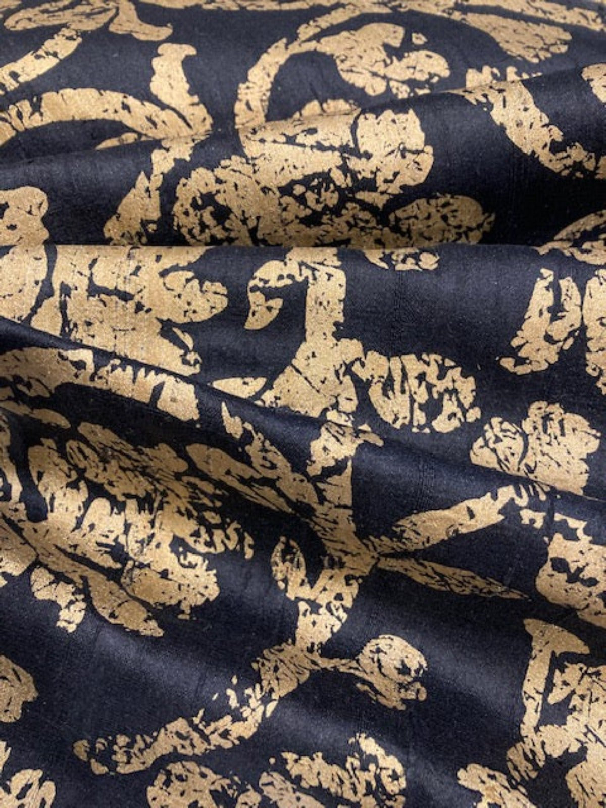 Gold Print on Black Silk Dupion Fabric