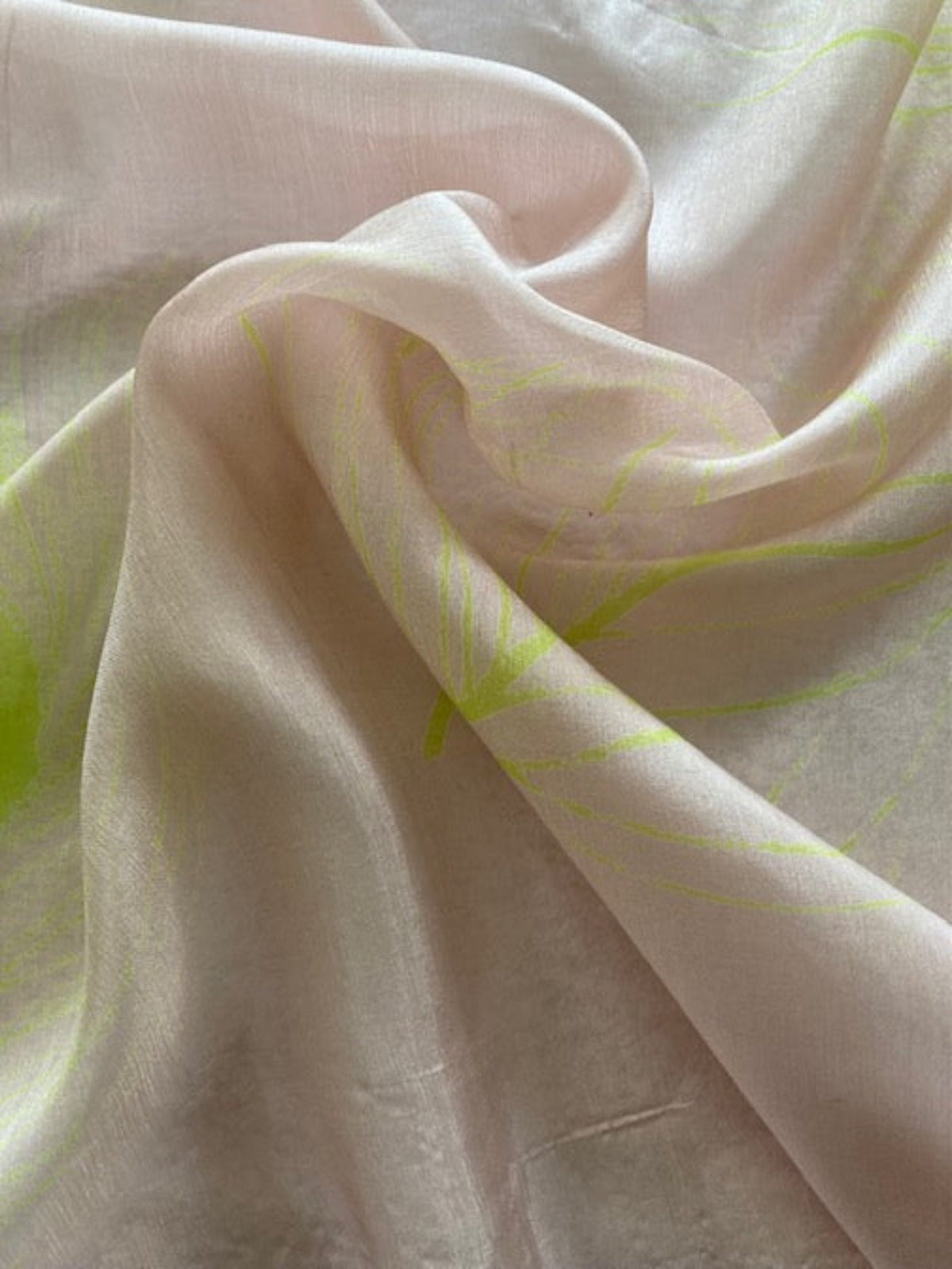 Lime Peacock feather on Nude Blush Silk chiffon