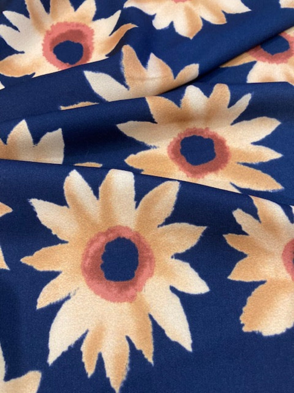 Gold Individual Flowers on Navy Crepe – 100% Polyester, 145 cm Wide