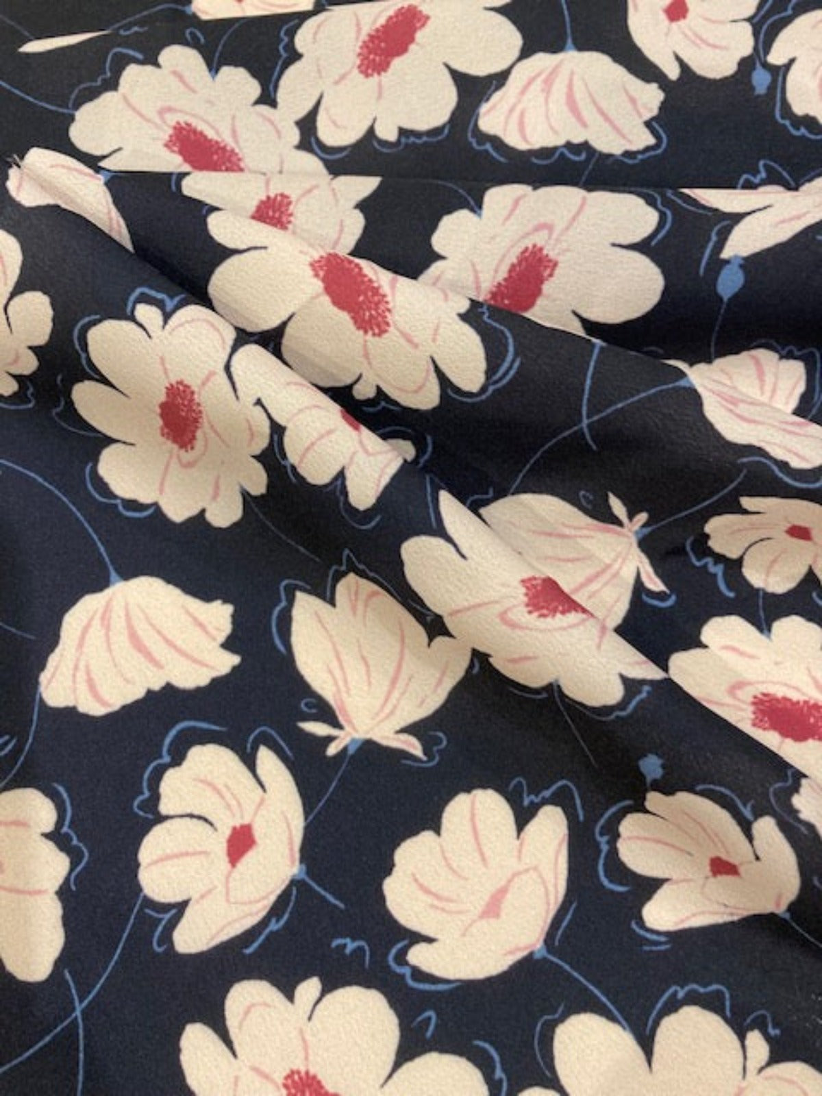 Ivory/Cerise Flowers on Navy Crepe De Chine