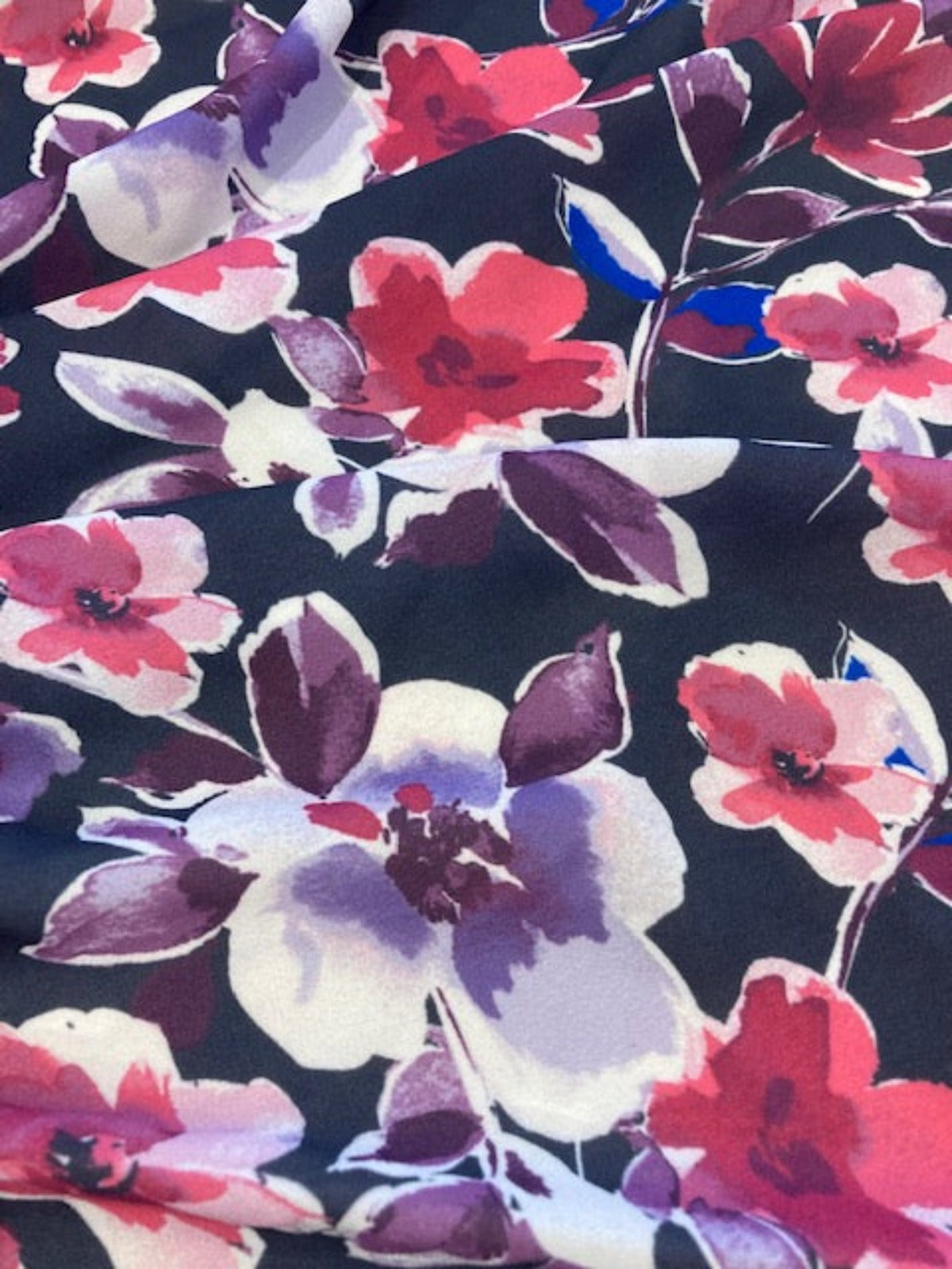 Purple / Cerise Flowers on Navy Crepe
