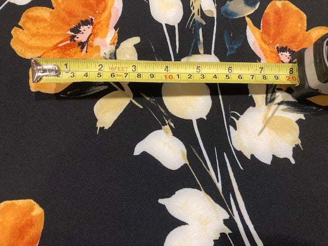 Orange Flowers on Black Woven Crepe With Stretch
