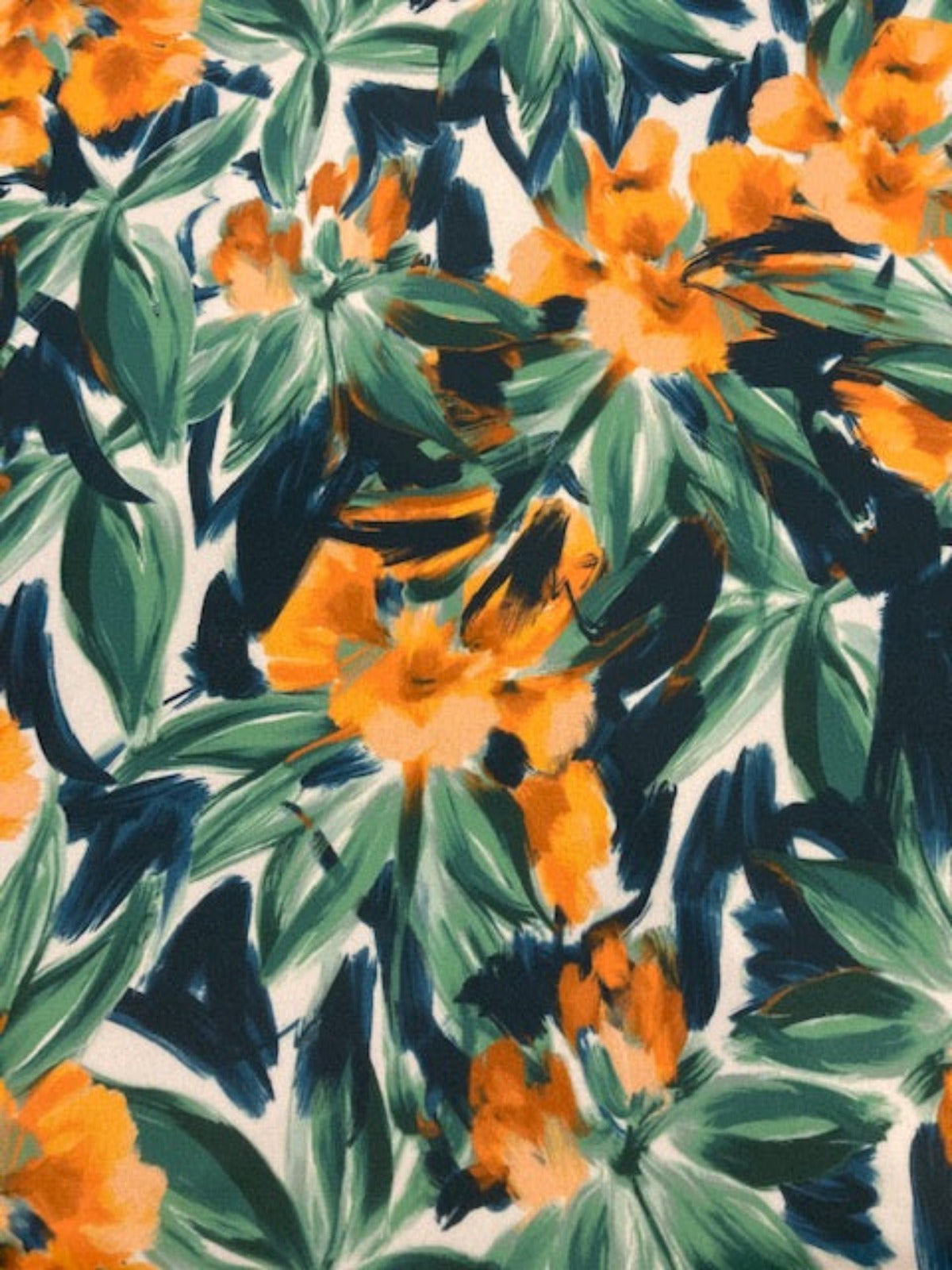 Orange Flowers on Green Leaves on Crepe De Chine