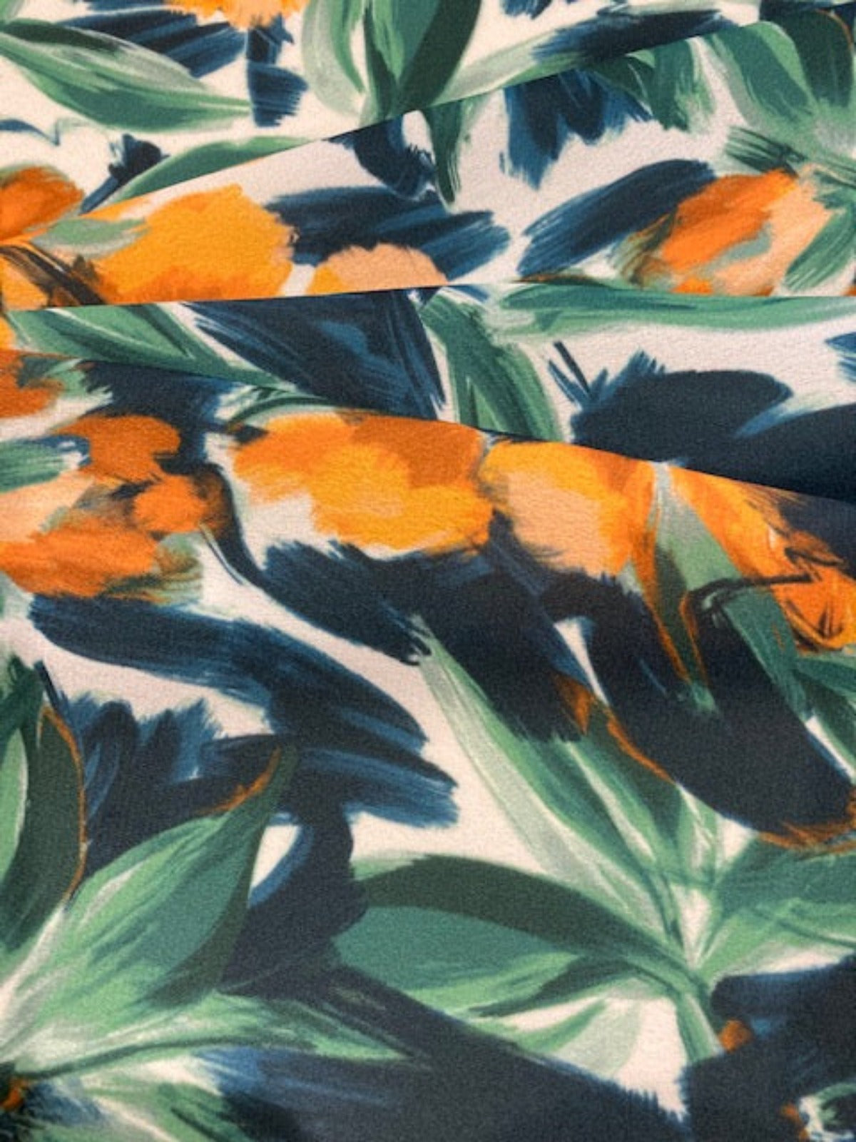 Orange Flowers on Green Leaves on Crepe De Chine