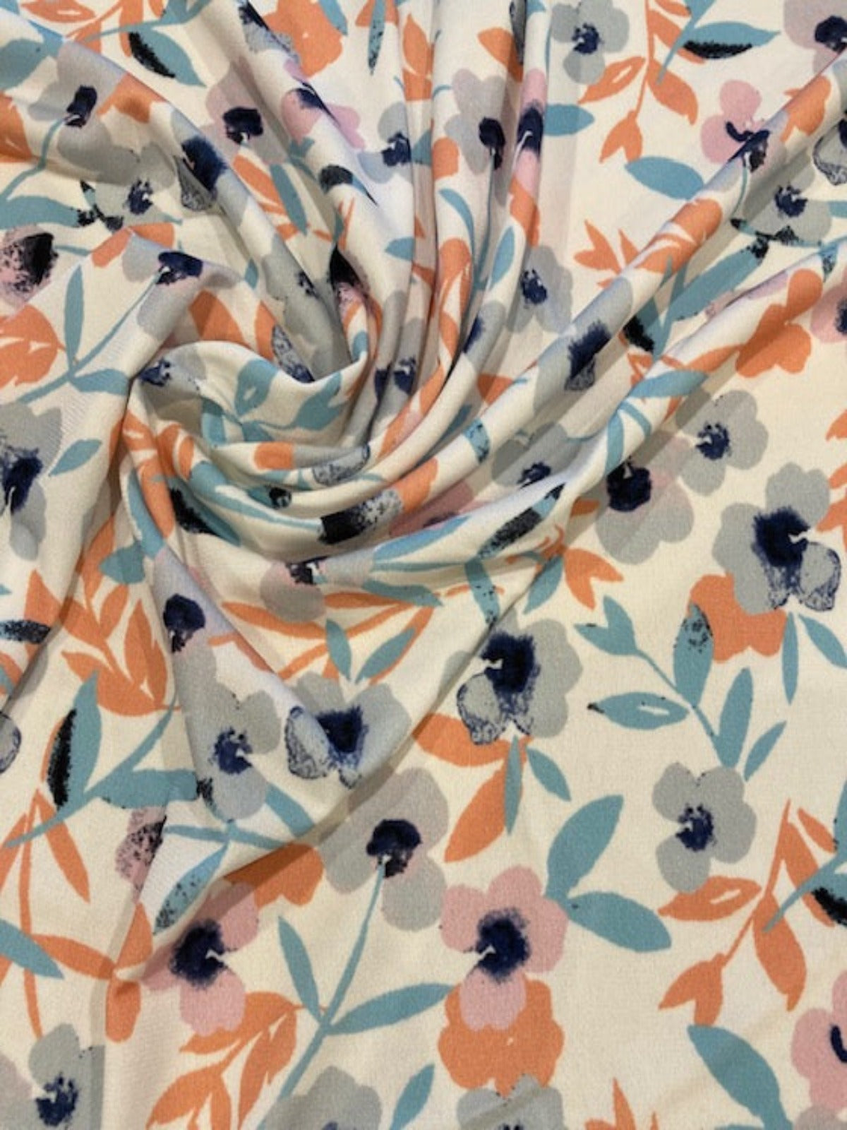 Pastel Orange & Pastel Teal Flowers on Ivory Jersey