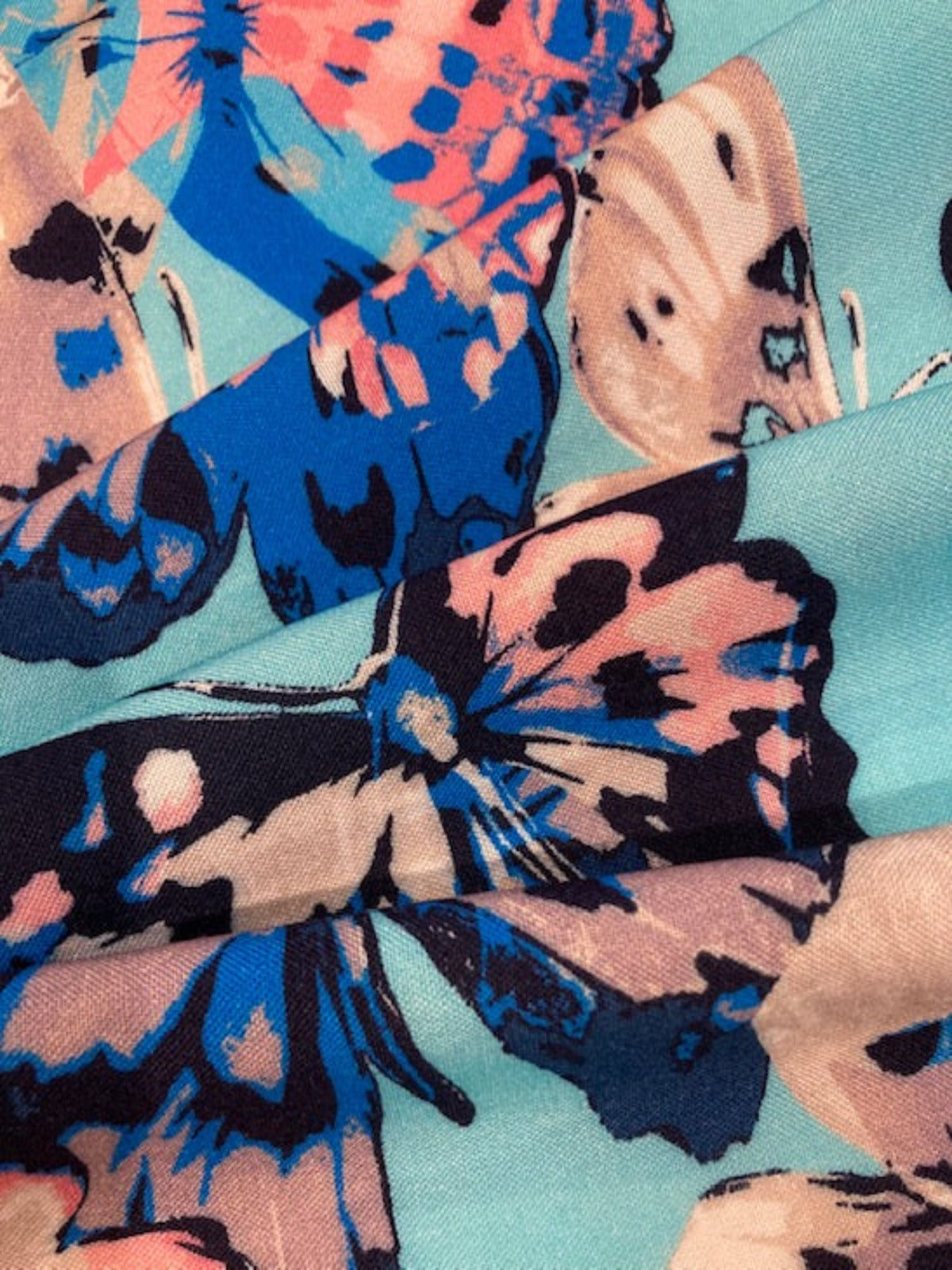 Pink & Blue Butterflies on Sky Blue Viscose