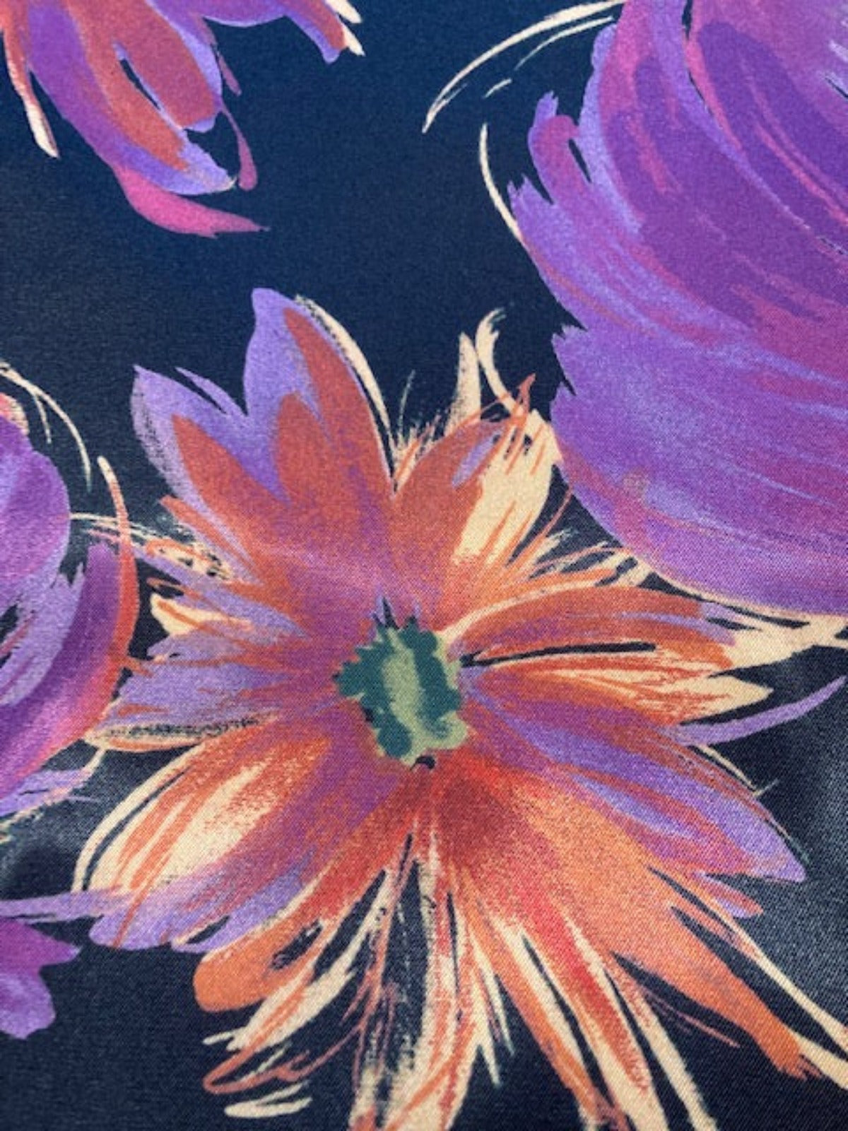 Orange / Purple Flowers on Black Stretch Satin