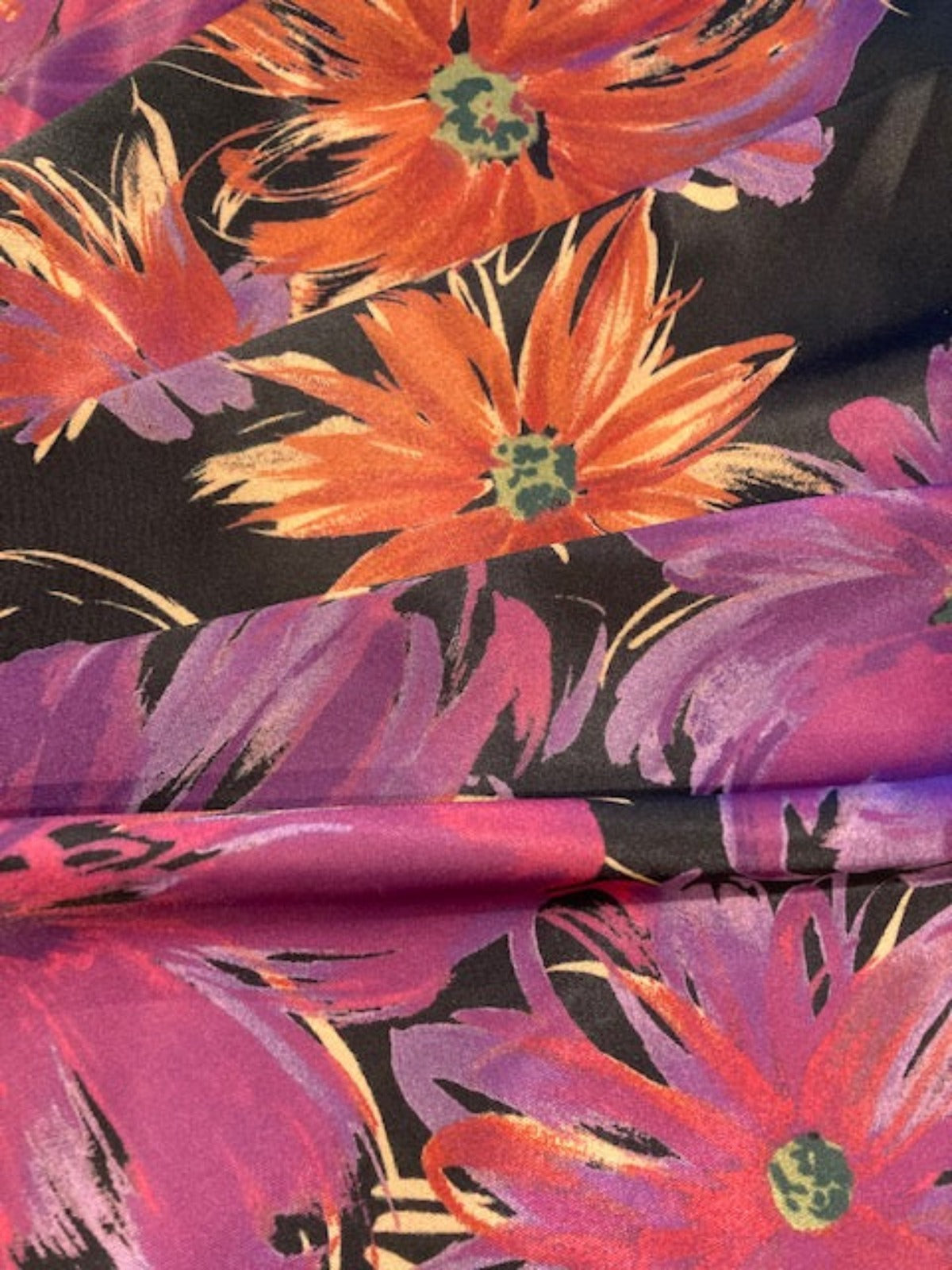 Orange / Purple Flowers on Black Stretch Satin