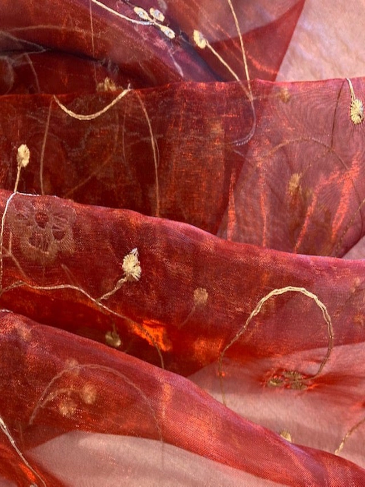 Gold Trailing Embroidery on Red/Black Irridescent Shimmer Organza