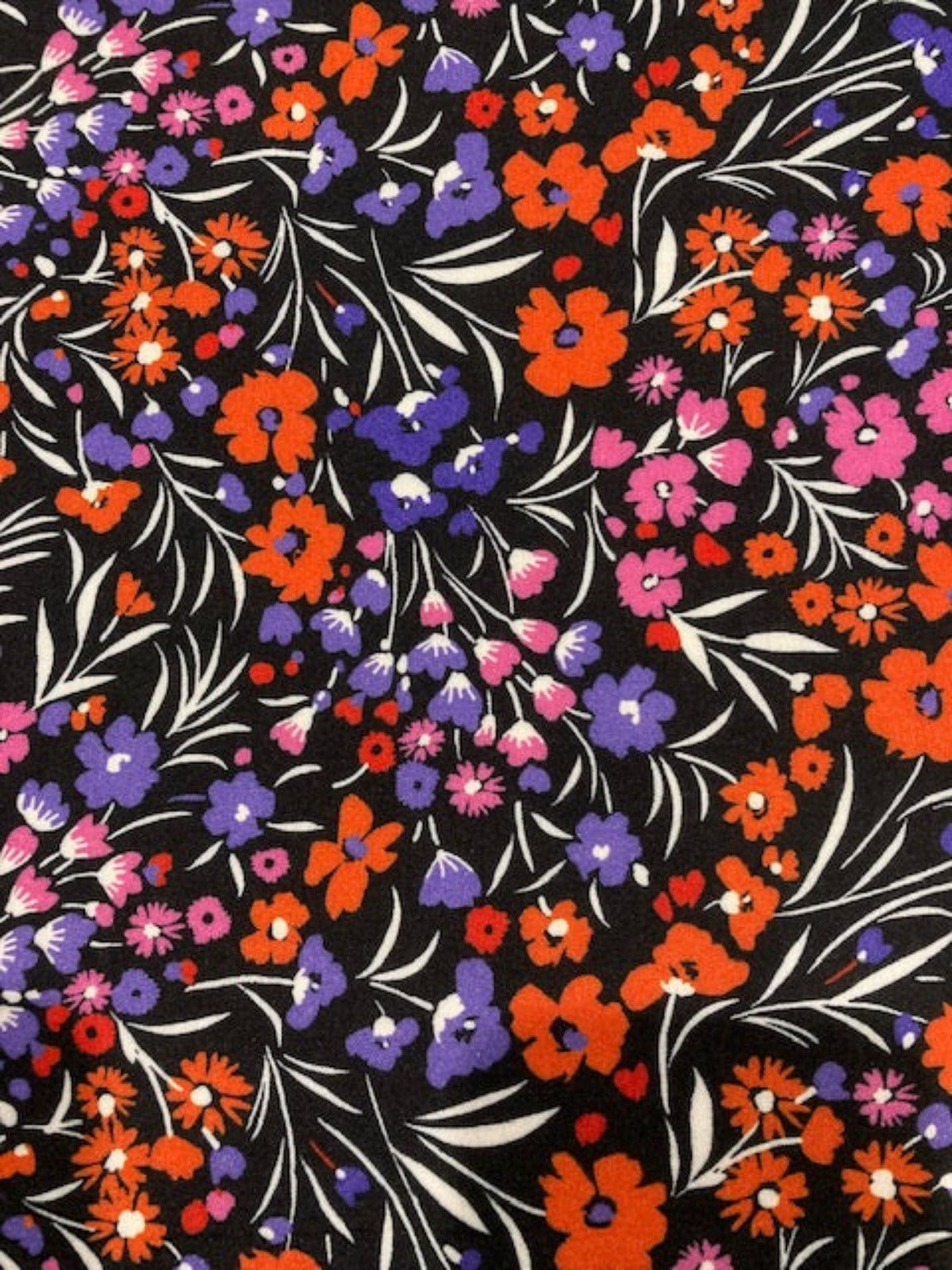 Red, Violet & Orange Floral Viscose Fabric – Black Base for Dresses & Garments