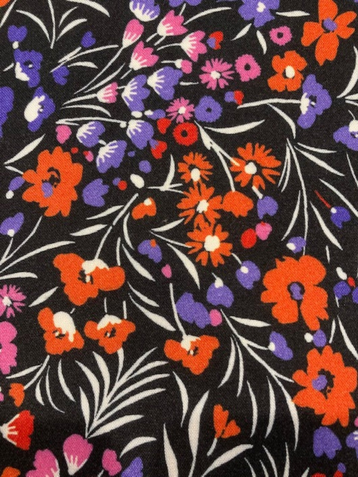 Red, Violet & Orange Floral Viscose Fabric – Black Base for Dresses & Garments