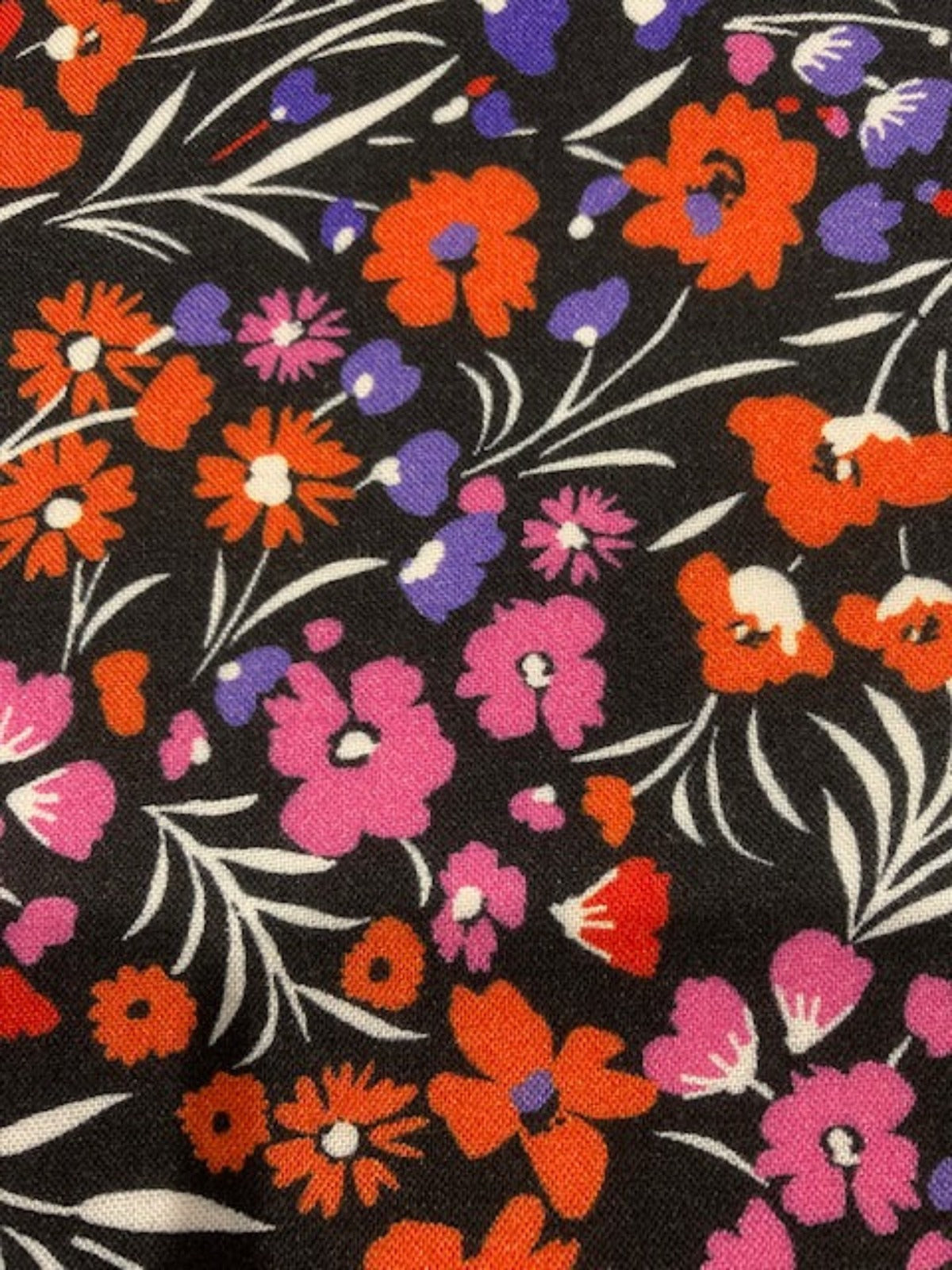 Red, Violet & Orange Floral Viscose Fabric – Black Base for Dresses & Garments