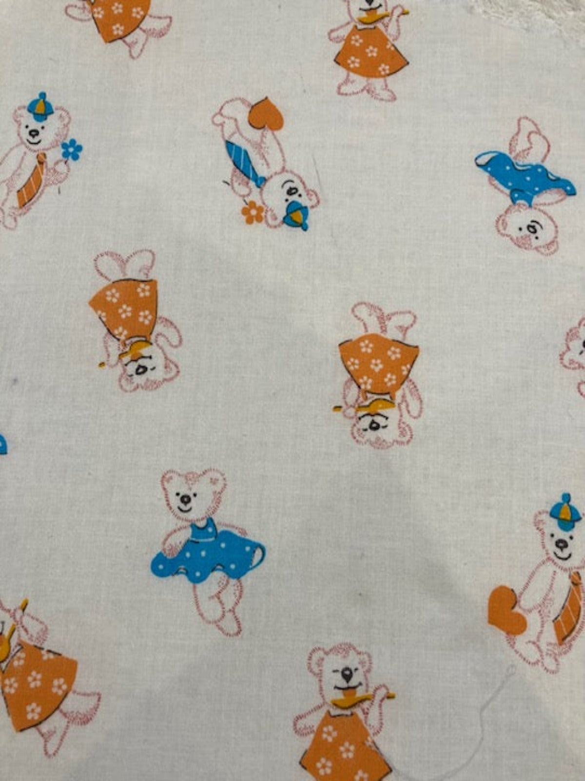 Orange & Turquoise Teddy Bears on White Cotton Lawn