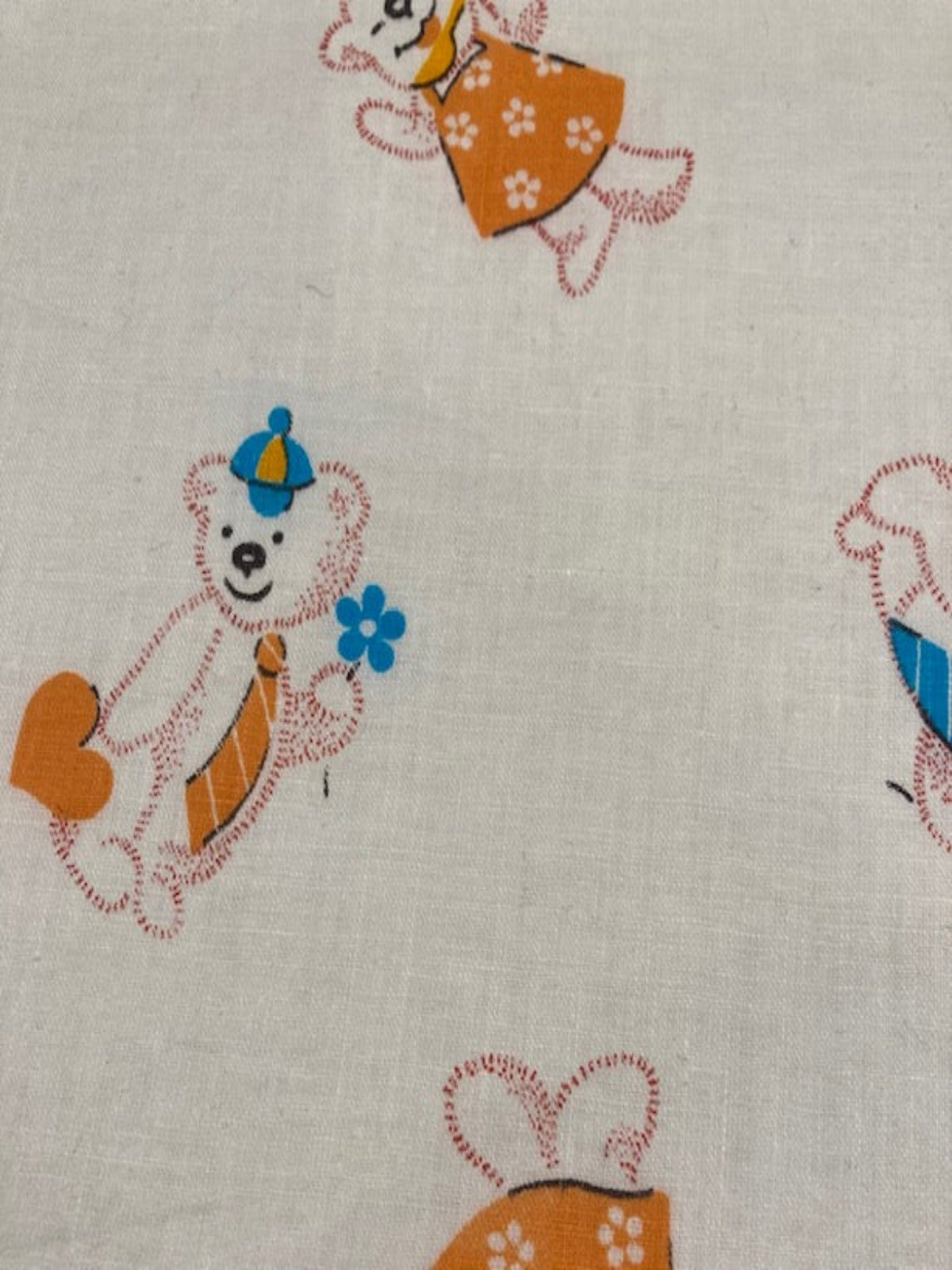 Orange & Turquoise Teddy Bears on White Cotton Lawn