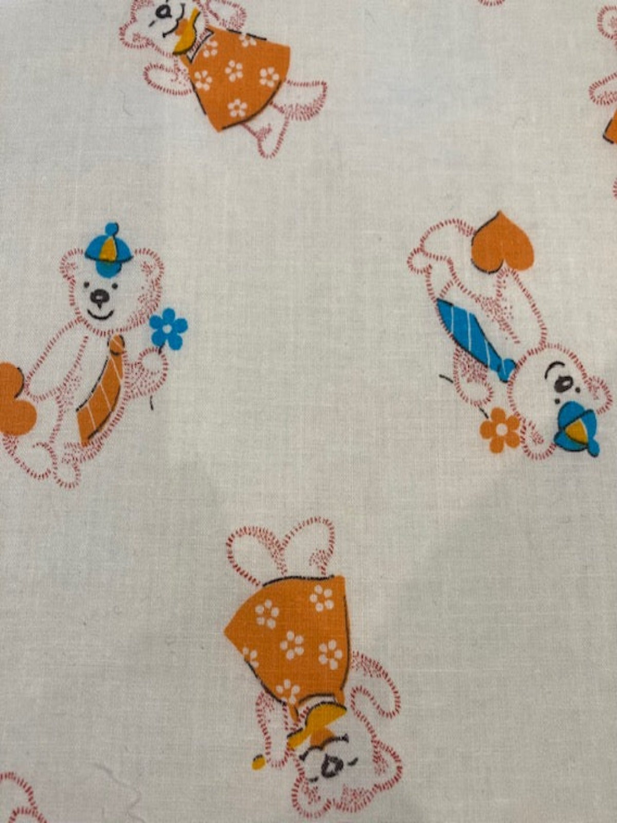 Orange & Turquoise Teddy Bears on White Cotton Lawn