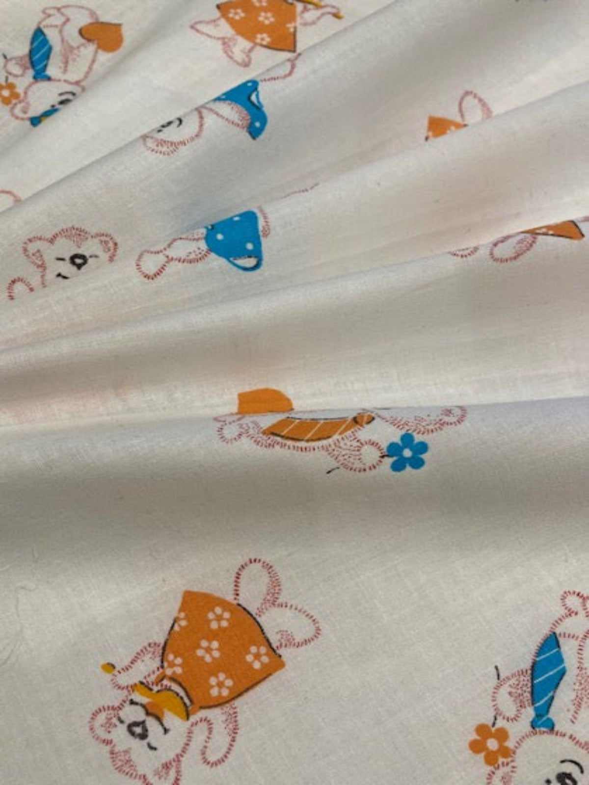 Orange & Turquoise Teddy Bears on White Cotton Lawn