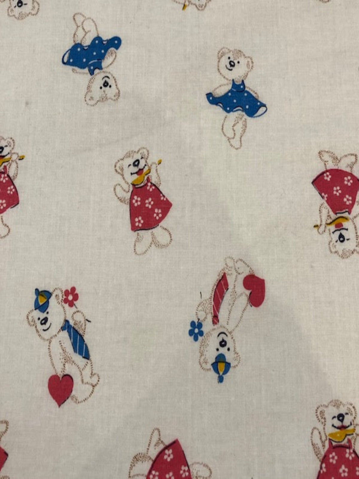 Blue & Pink Teddy Bears on White Cotton Lawn Fabric