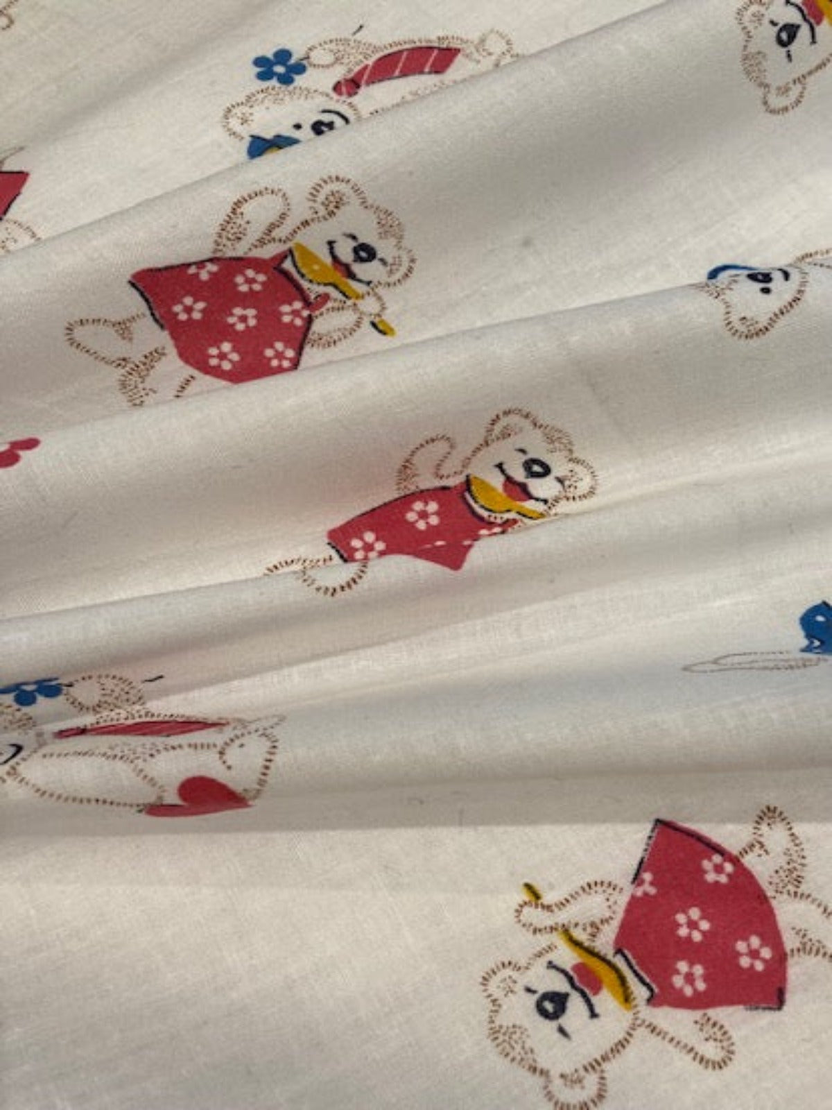 Blue & Pink Teddy Bears on White Cotton Lawn Fabric