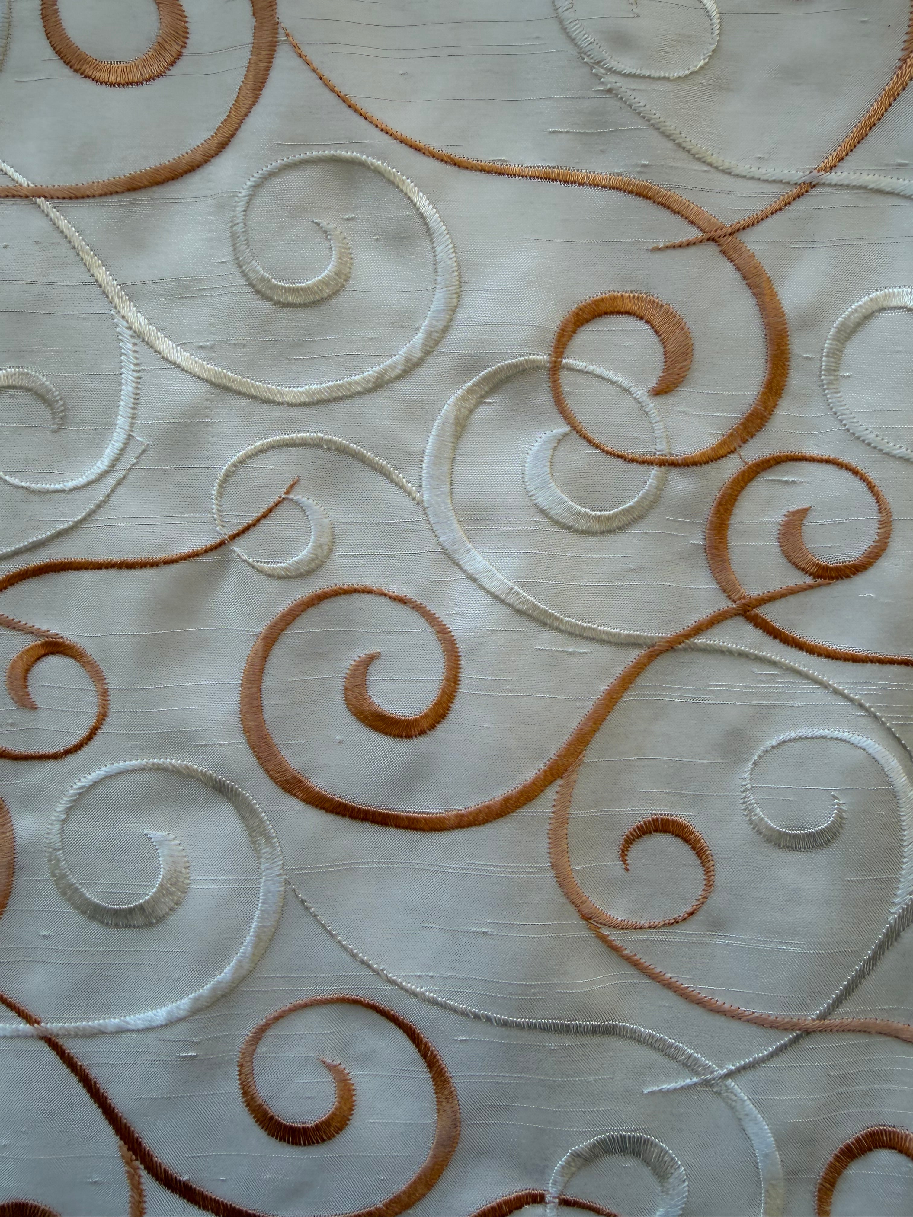 Austrian Embroidered Satin-Backed Dupion Fabric – Ivory with Ivory & Ochre Swirls | 112 cm Wide