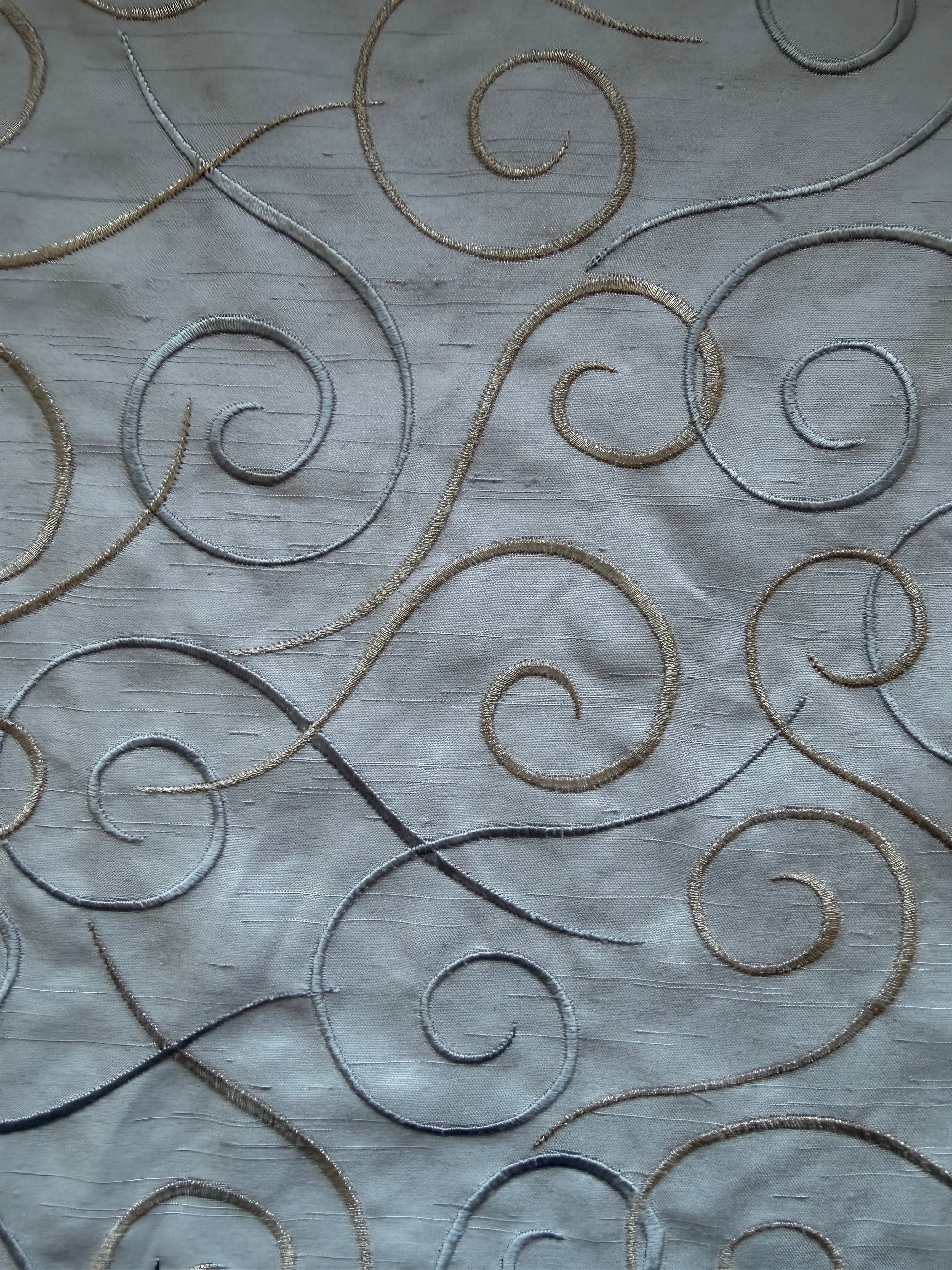 Austrian Embroidered Satin-Backed Dupion Fabric – Steel Blue with Blue & Silver Swirls | 112 cm Wide