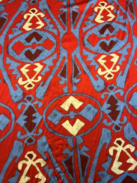 Asian Blue & Red Ikat Print With Ivory Motif - 100% Silk - 137cm