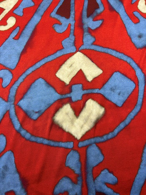 Asian Blue & Red Ikat Print With Ivory Motif - 100% Silk - 137cm