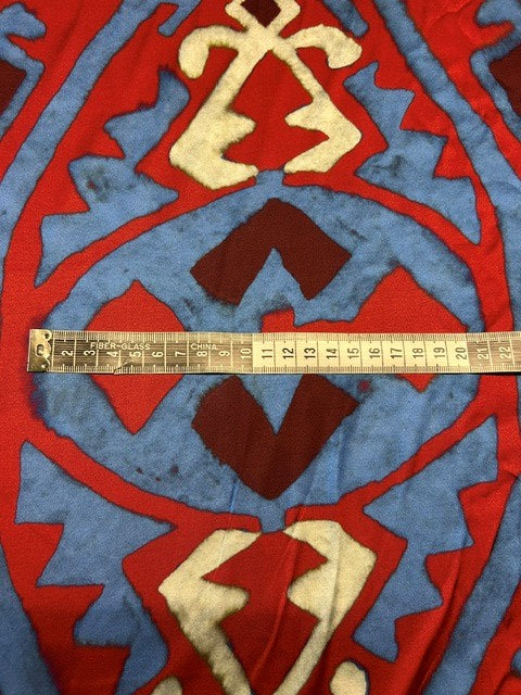 Asian Blue & Red Ikat Print With Ivory Motif - 100% Silk - 137cm