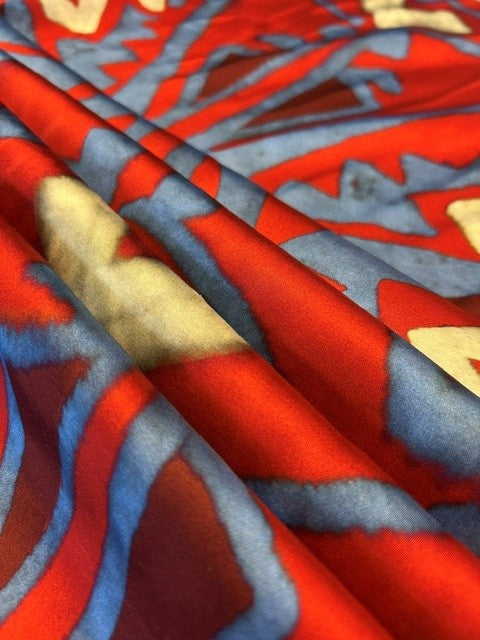 Asian Blue & Red Ikat Print With Ivory Motif - 100% Silk - 137cm