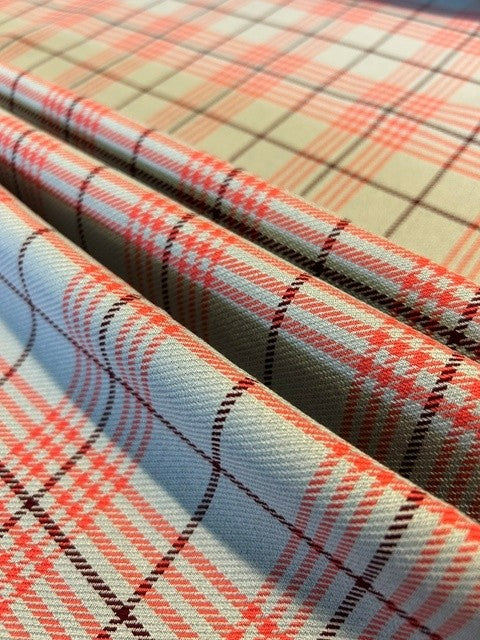Pale Blue Woven with Coral and Plum Check - 100% Wool - 145cm