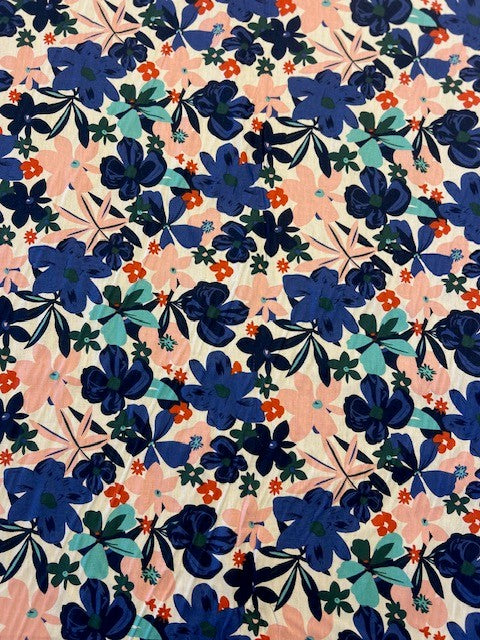 Cobalt Blue & Pink Wild Flower Print - 100% Cotton Lawn - 148cm
