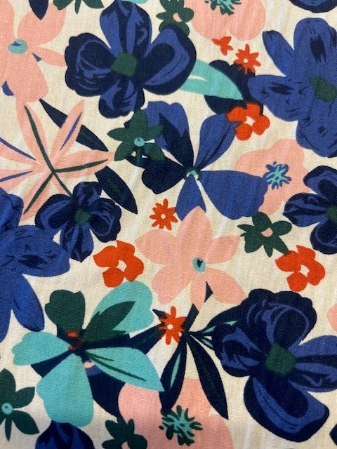 Cobalt Blue & Pink Wild Flower Print - 100% Cotton Lawn - 148cm