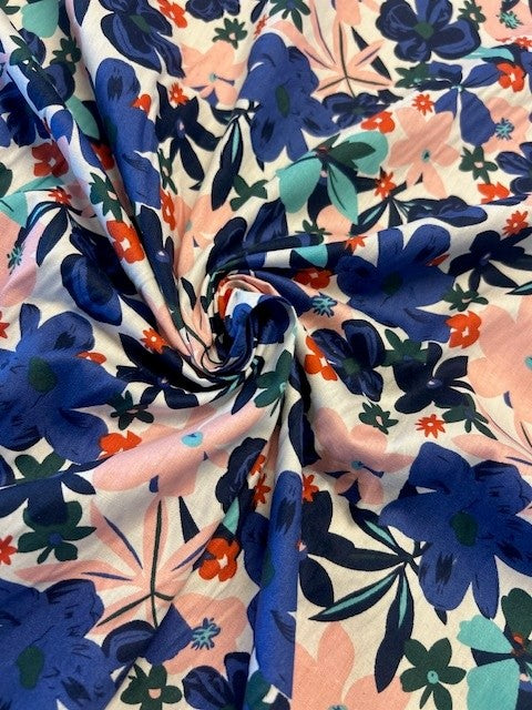Cobalt Blue & Pink Wild Flower Print - 100% Cotton Lawn - 148cm