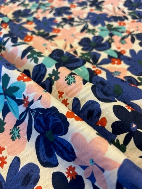 Cobalt Blue & Pink Wild Flower Print - 100% Cotton Lawn - 148cm