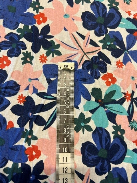 Cobalt Blue & Pink Wild Flower Print - 100% Cotton Lawn - 148cm