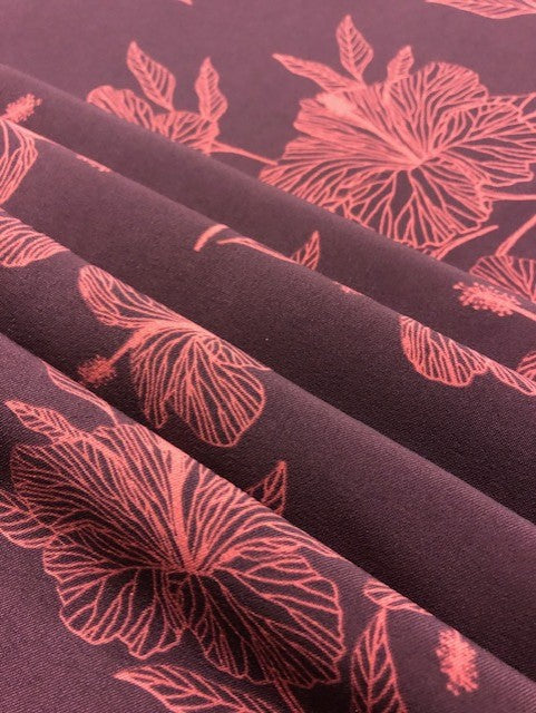 Maroon Matte Poly Elastane Fabric with Terracotta Floral Design – 148 cm