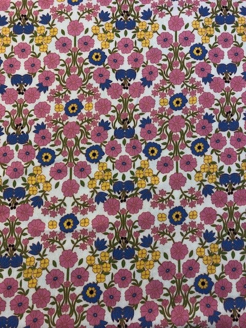 Pink, Yellow & Cobalt Blue Floral on White Viscose – Jaal Style