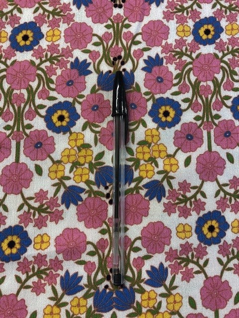 Pink, Yellow & Cobalt Blue Floral on White Viscose – Jaal Style