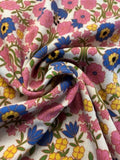 Pink, Yellow & Cobalt Blue Floral on White Viscose – Jaal Style