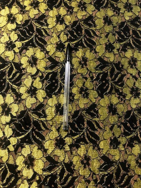 Chartreuse & Black Floral Lace – Elegant Eveningwear Fabric
