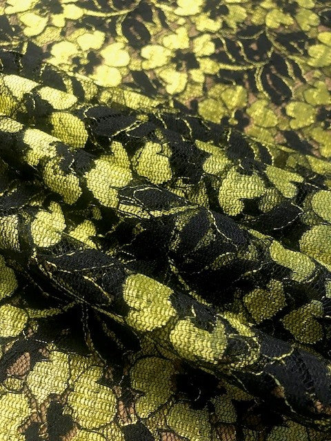 Chartreuse & Black Floral Lace – Elegant Eveningwear Fabric