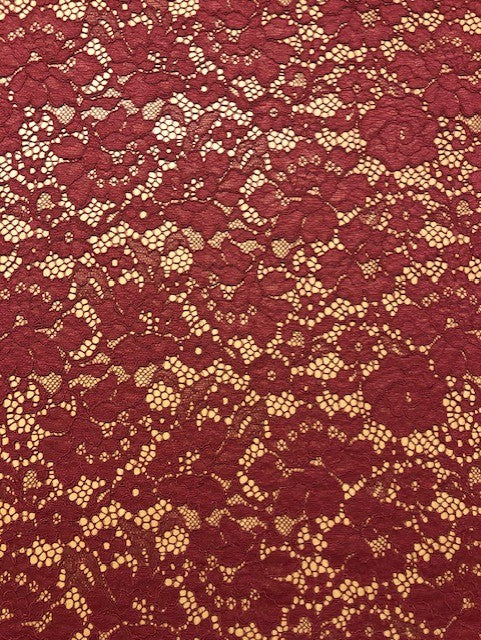 Burgundy Corded Lace with Scalloped Edges – 143cm Wide