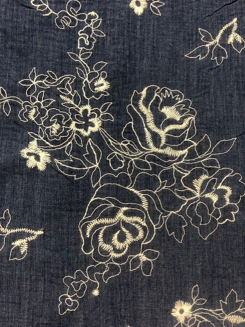 Blue & Ivory Pencil-Drawn Floral Fabric with Textured Stitching – 65% Cotton, 35% Polyester