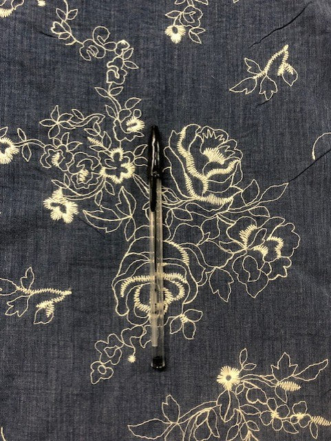 Blue & Ivory Pencil-Drawn Floral Fabric with Textured Stitching – 65% Cotton, 35% Polyester