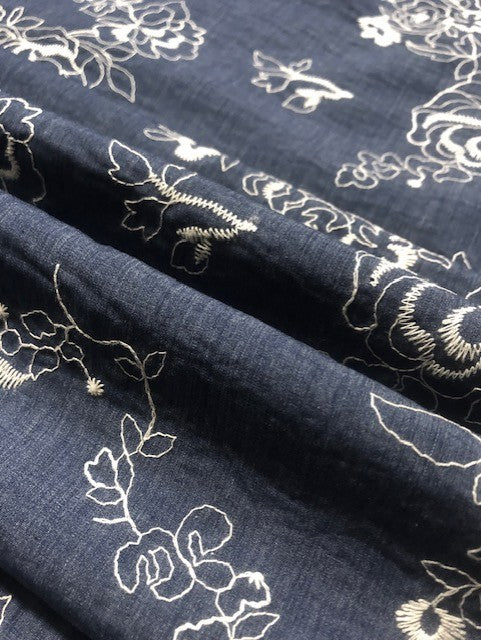 Blue & Ivory Pencil-Drawn Floral Fabric with Textured Stitching – 65% Cotton, 35% Polyester