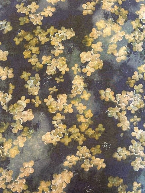 Ochre & Golden Tan Floral Print on Purple & Green - 100% Polyester - 150cms Wide