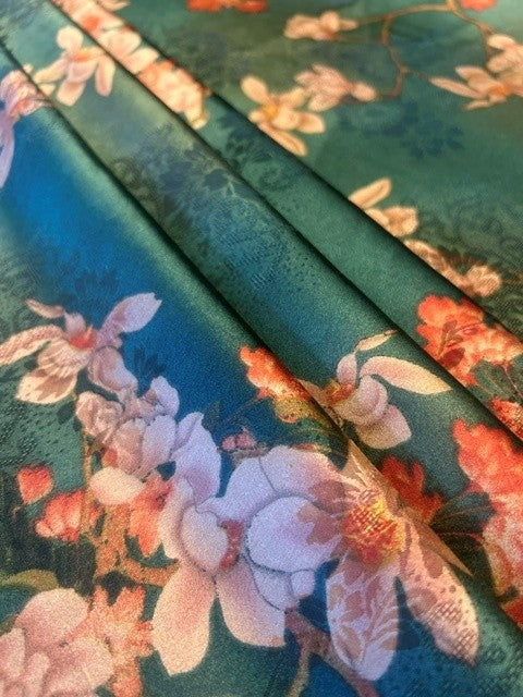 Teal Cherry Blossom Printed 100% Polyester Satin Fabric – Pink & Orange Floral - 150cm Wide