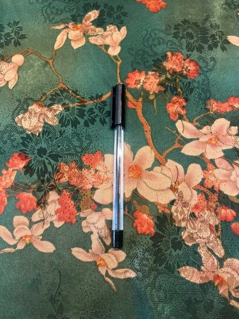 Teal Cherry Blossom Printed 100% Polyester Satin Fabric – Pink & Orange Floral - 150cm Wide