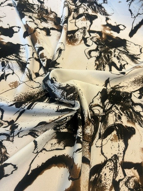 Abstract Ink Wash Black & Bronze Printed 100% Matt Polyester Fabric - 150cms Wide